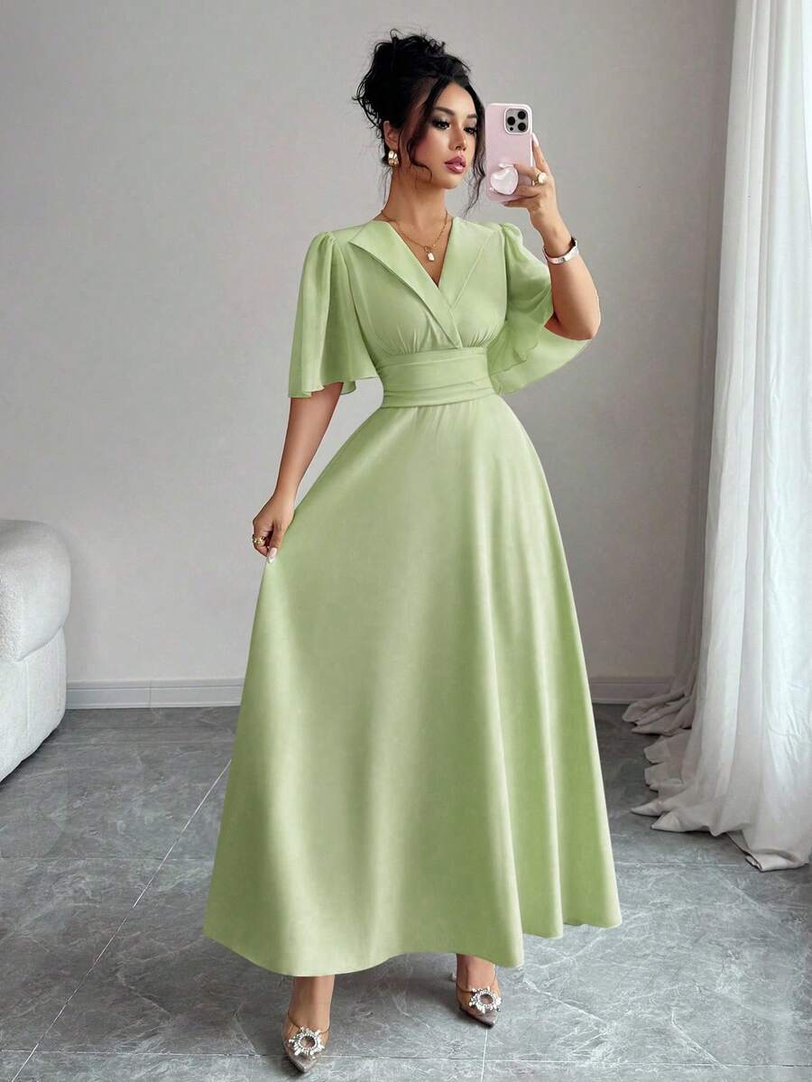 SHEIN Elenzya فستان شيفون أخضر بخصر مطوي بأكمام مكسرة