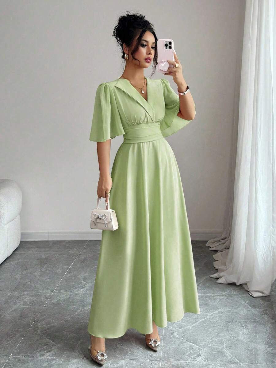 SHEIN Elenzya فستان شيفون أخضر بخصر مطوي بأكمام مكسرة