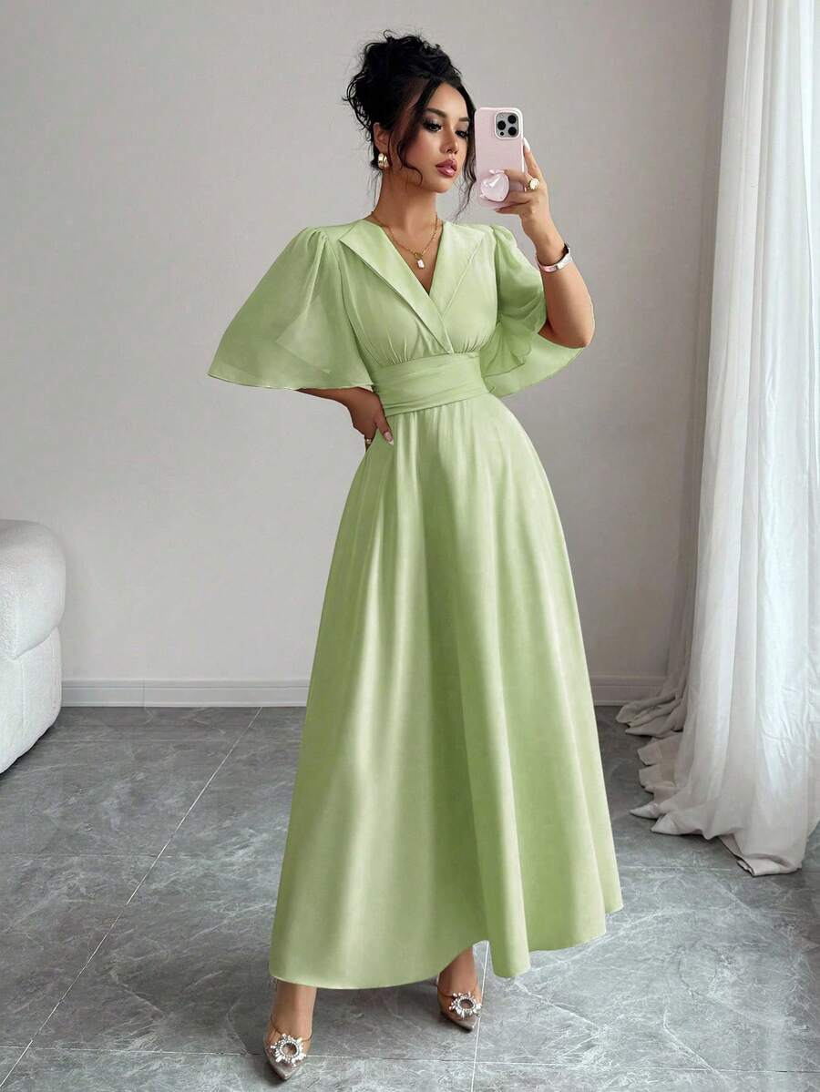 SHEIN Elenzya فستان شيفون أخضر بخصر مطوي بأكمام مكسرة