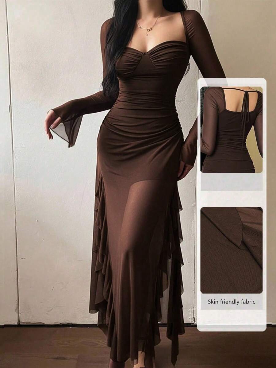 SHEIN فستان بني كاجوال بأكمام طويلة وتطريز كشكش من الشبك