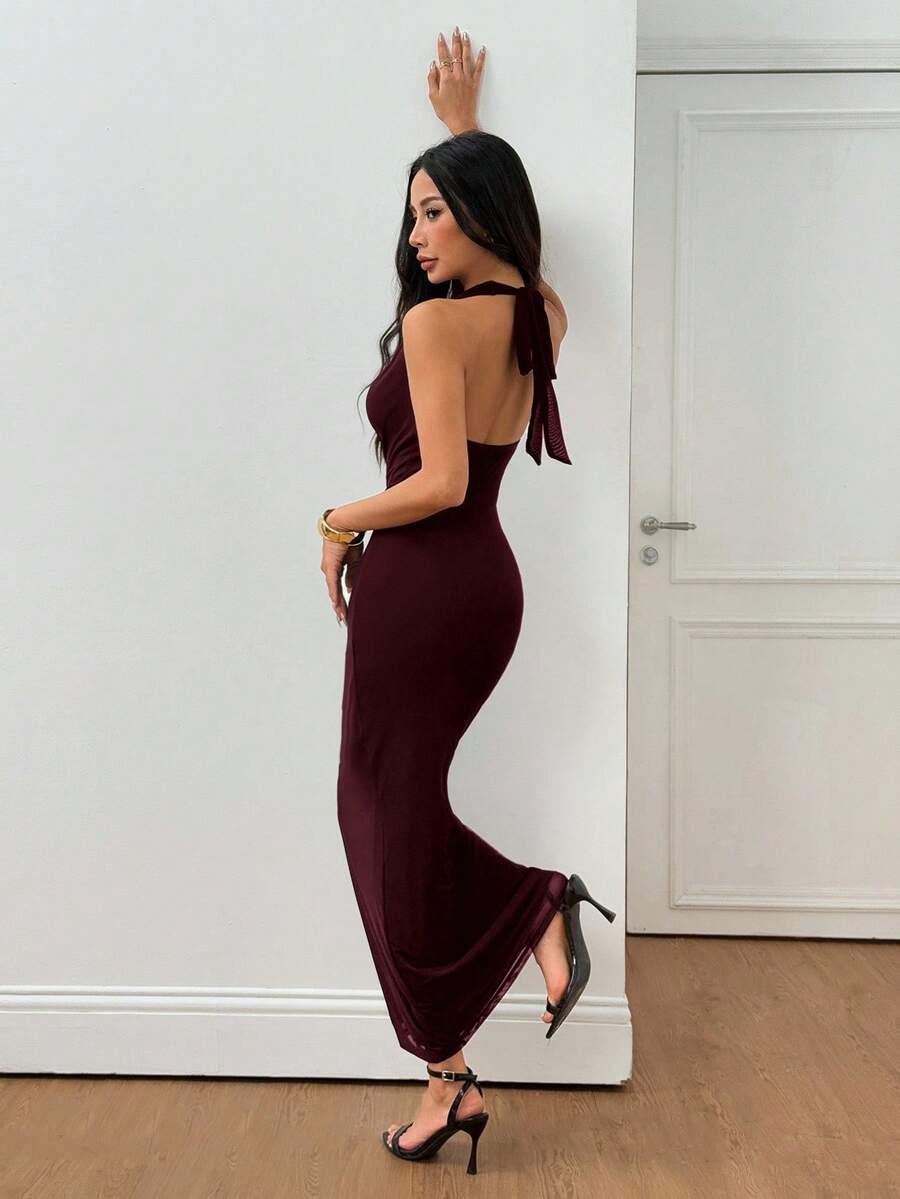 SHEIN PETITE فستان بلون أحمر بنفسجي برقبة متدلية من الشبك