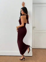 SHEIN PETITE فستان بلون أحمر بنفسجي برقبة متدلية من الشبك