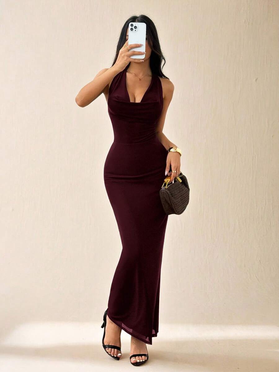 SHEIN PETITE فستان بلون أحمر بنفسجي برقبة متدلية من الشبك