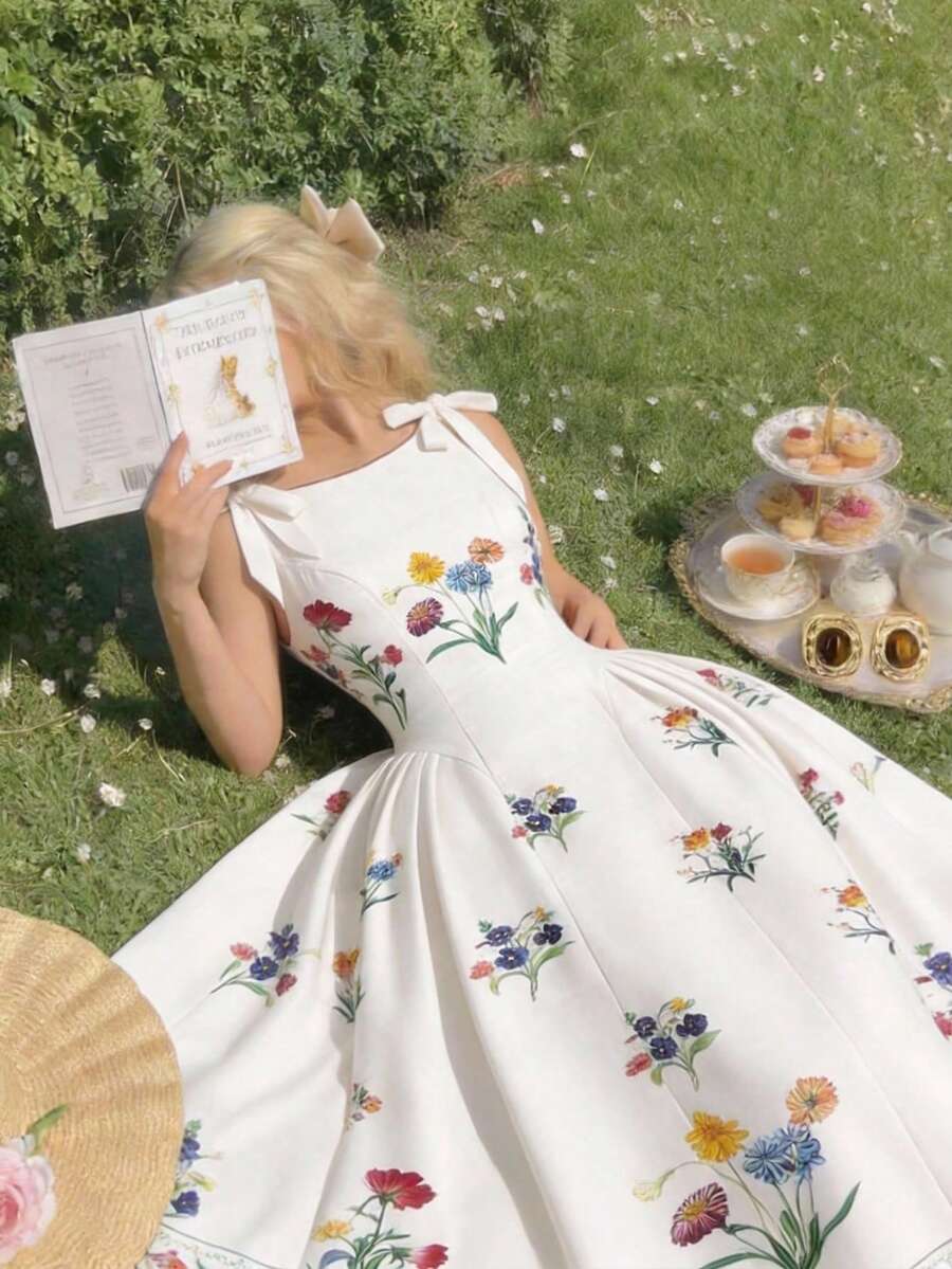 SHEIN MOD فستان مطبوع بالأزهار بتصميم خصر محدد مزين بفيونكة