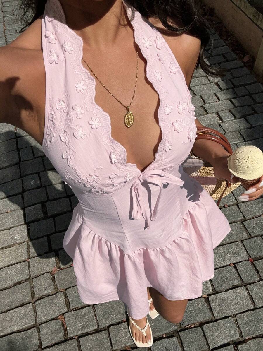 SHEIN Flirla فستان وردي قصير بياقة حلقية وظهر مكشوف