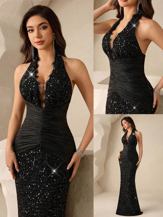 SHEIN Coutiva فستان سهرة أسود مزين بالترتر أسود بخصر منسدل وذيل مستقيم