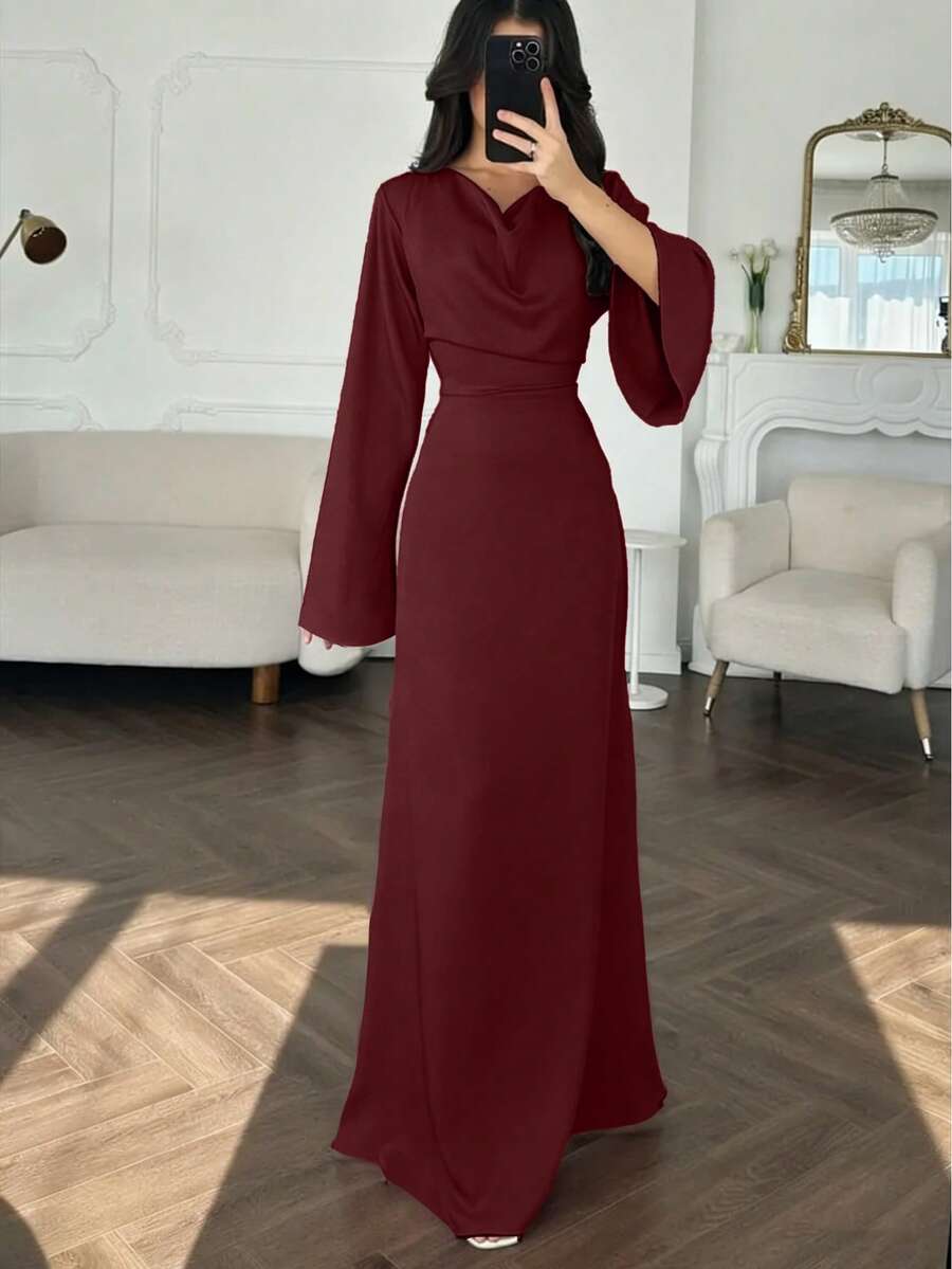 SHEIN فستان عنابي طويل بياقة عالية وأكمام واسعة وتنورة