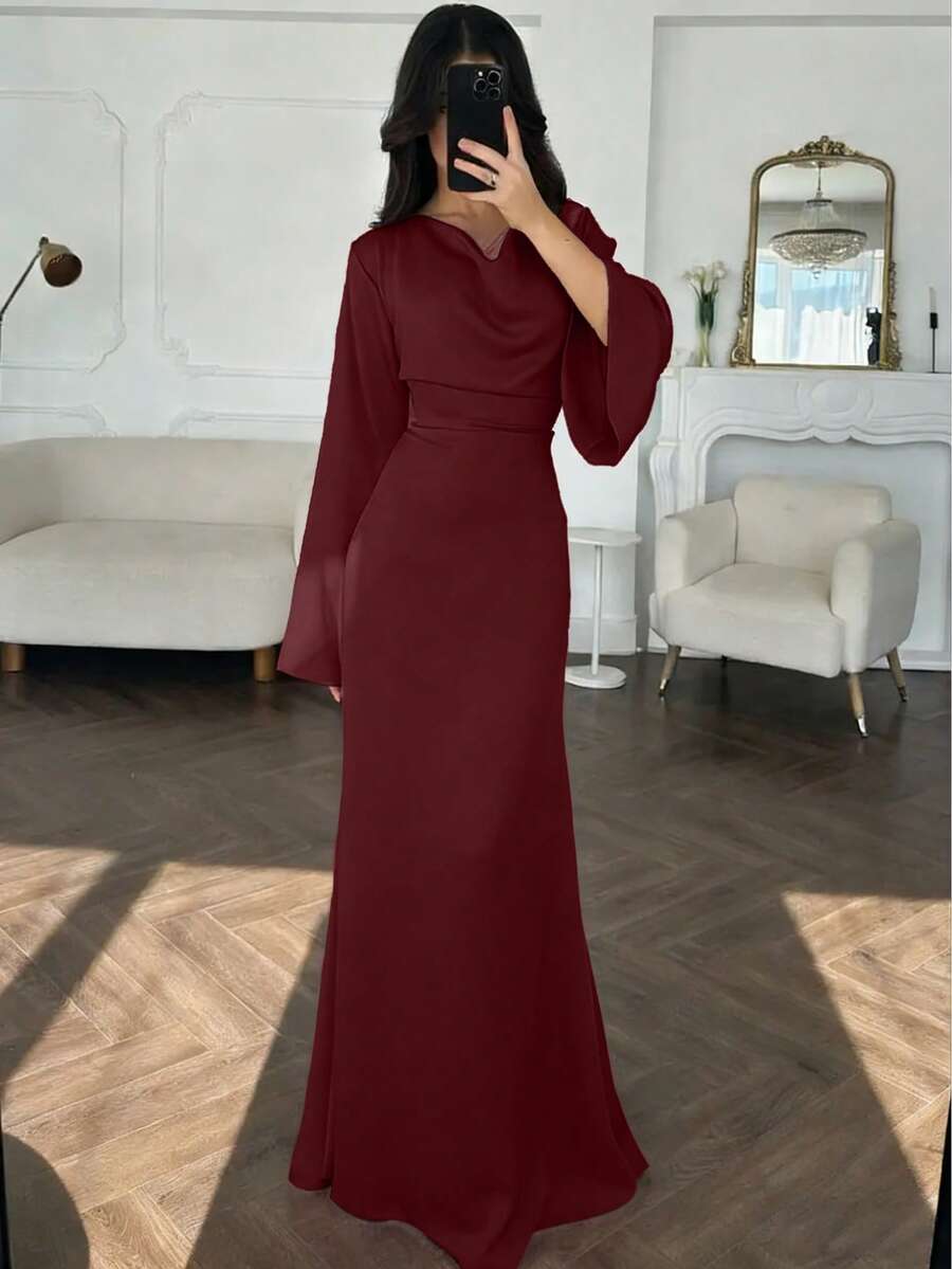 SHEIN فستان عنابي طويل بياقة عالية وأكمام واسعة وتنورة