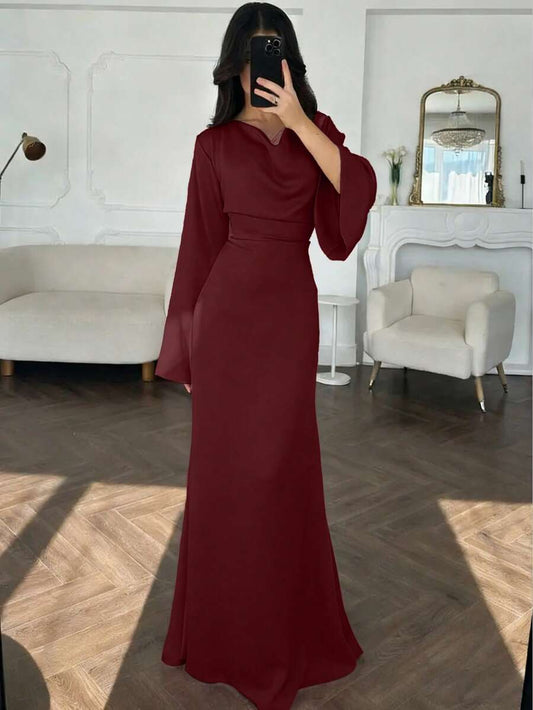 SHEIN فستان عنابي طويل بياقة عالية وأكمام واسعة وتنورة