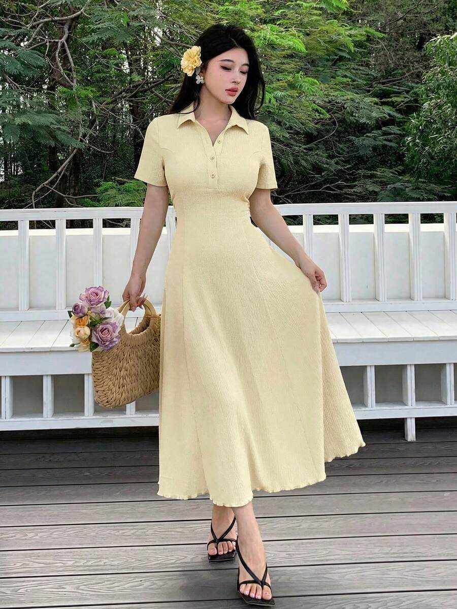SHEIN Modelyn فستان كاجوال بلون مشمشي بأكمام قصيرة وياقة بولو