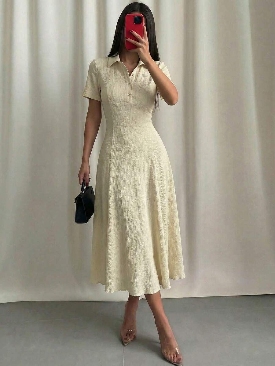 SHEIN Modelyn فستان كاجوال بلون مشمشي بأكمام قصيرة وياقة بولو