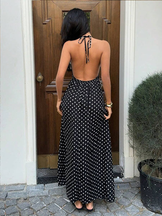 SHEIN Sunnyshic فستان ماكسي أسود بطبعة نقاط وتطريز دانتيل بظهر مكشوف