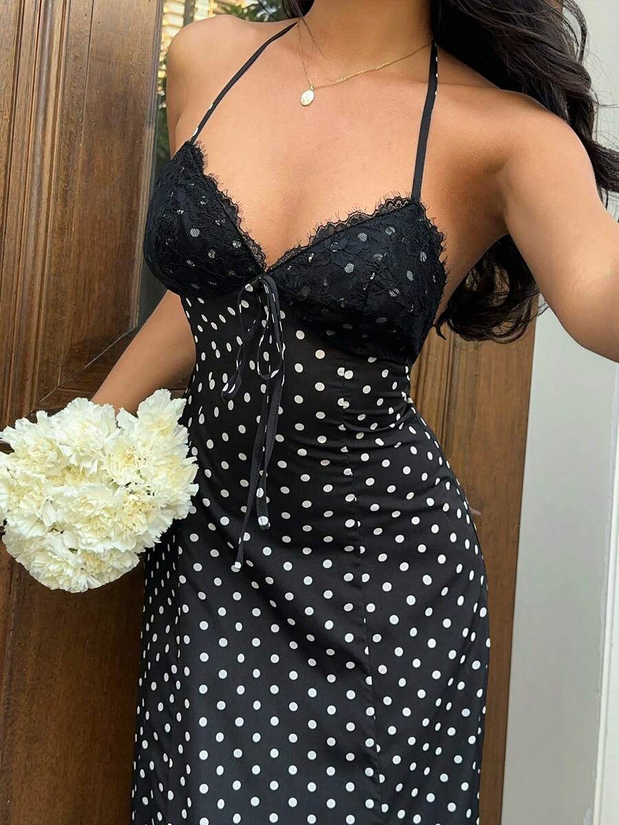 SHEIN Sunnyshic فستان ماكسي أسود بطبعة نقاط وتطريز دانتيل بظهر مكشوف