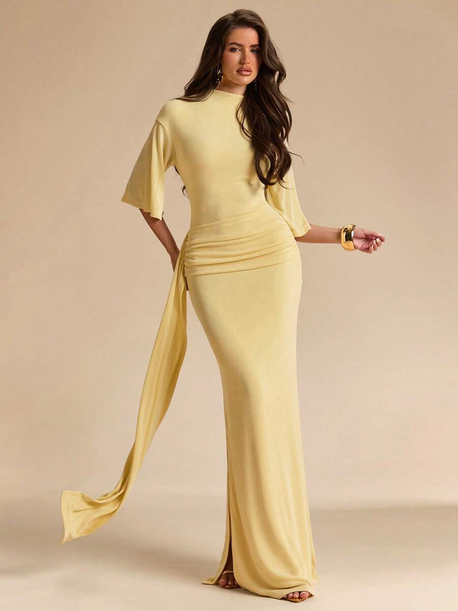 SHEIN BAE فستان أصفر بياقة مزيفة وربطة جانبية