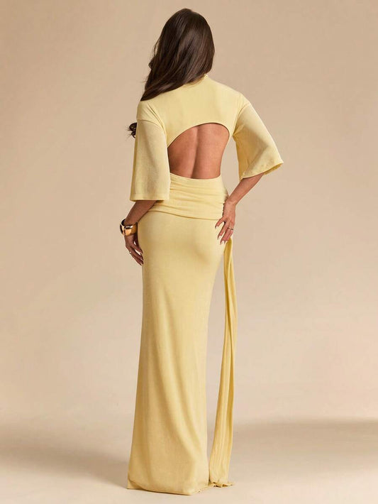 SHEIN BAE فستان أصفر بياقة مزيفة وربطة جانبية