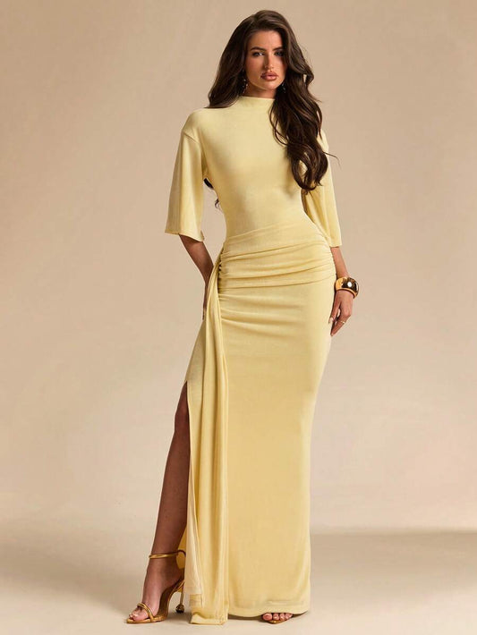 SHEIN BAE فستان أصفر بياقة مزيفة وربطة جانبية
