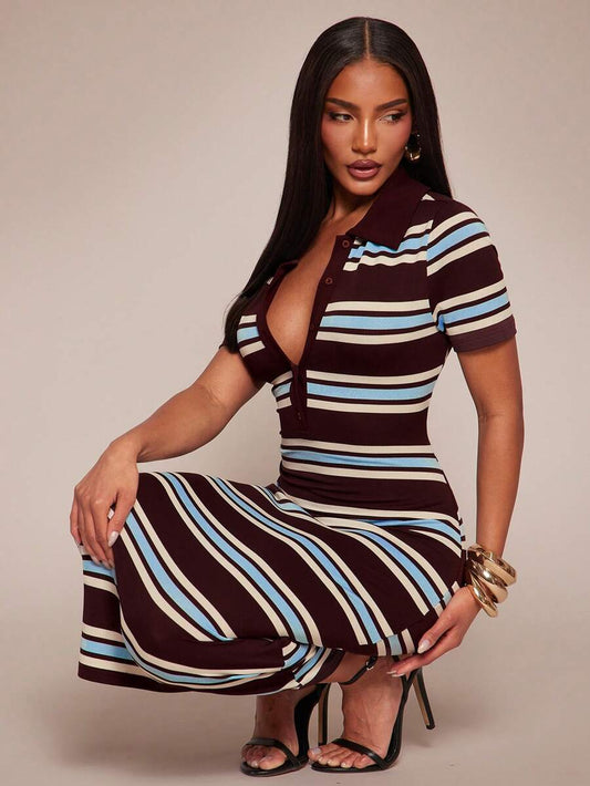 SHEIN Radiana فستان بولو مخطط بأكمام قصيرة وألوان متباينة
