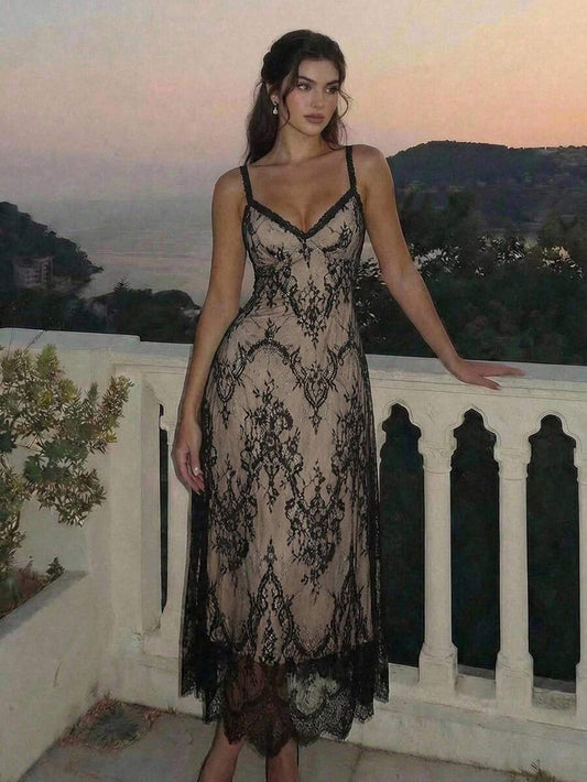 SHEIN MOD فستان سهرة أسود طويل مزين بالدانتيل والتطريز مشدود الخصر