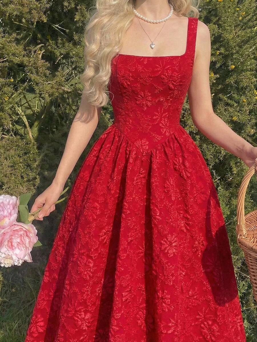 SHEIN MOD فستان أحمر بطبعة جاكارد بطراز فاخر