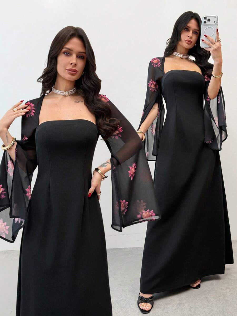 SHEIN Firerie فستان أسود بطبعة زهرية وياقة مربعة بأكمام منشقة