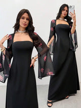SHEIN Firerie فستان أسود بطبعة زهرية وياقة مربعة بأكمام منشقة