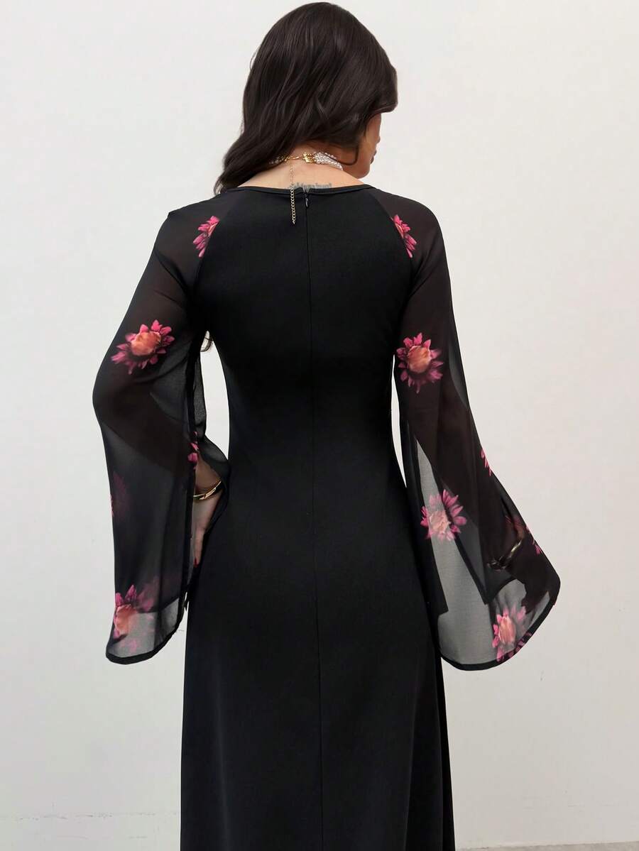 SHEIN Firerie فستان أسود بطبعة زهرية وياقة مربعة بأكمام منشقة