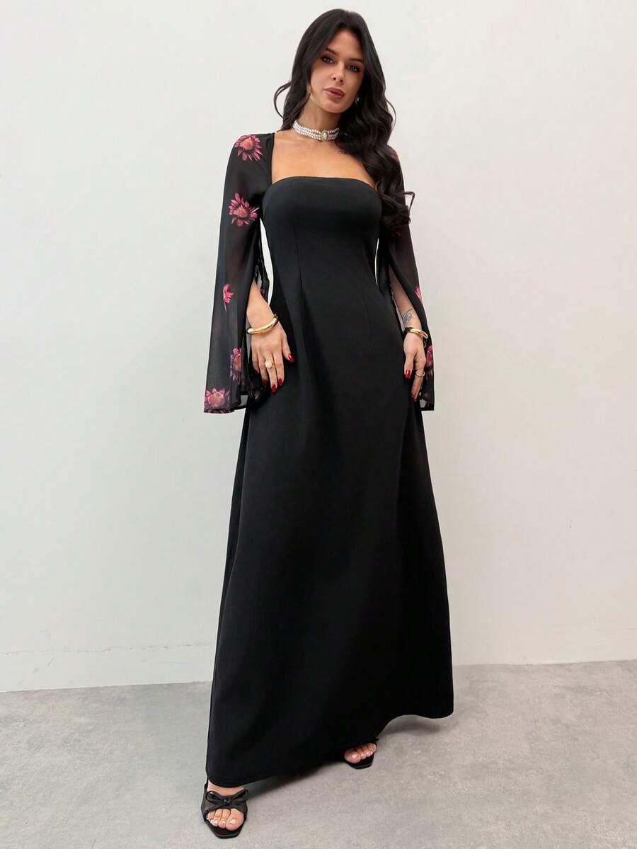 SHEIN Firerie فستان أسود بطبعة زهرية وياقة مربعة بأكمام منشقة