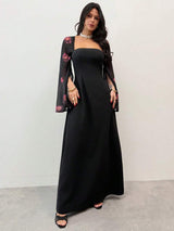 SHEIN Firerie فستان أسود بطبعة زهرية وياقة مربعة بأكمام منشقة