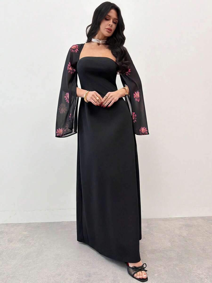 SHEIN Firerie فستان أسود بطبعة زهرية وياقة مربعة بأكمام منشقة