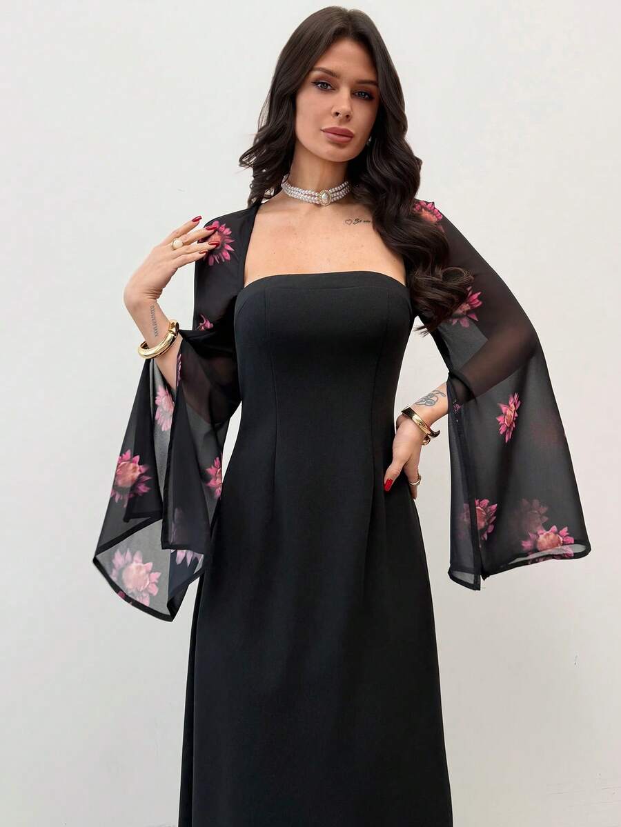 SHEIN Firerie فستان أسود بطبعة زهرية وياقة مربعة بأكمام منشقة