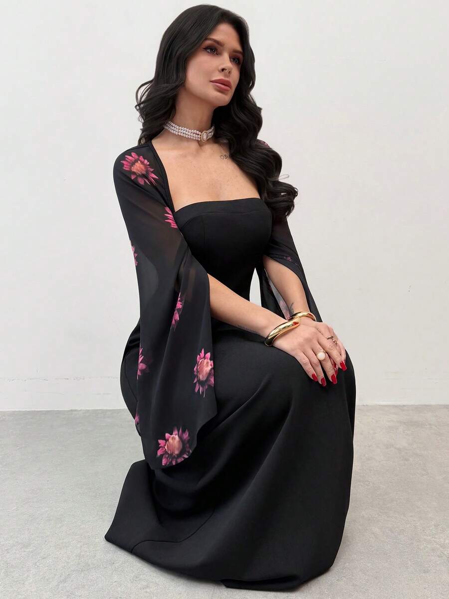 SHEIN Firerie فستان أسود بطبعة زهرية وياقة مربعة بأكمام منشقة