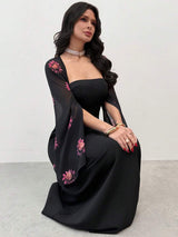 SHEIN Firerie فستان أسود بطبعة زهرية وياقة مربعة بأكمام منشقة