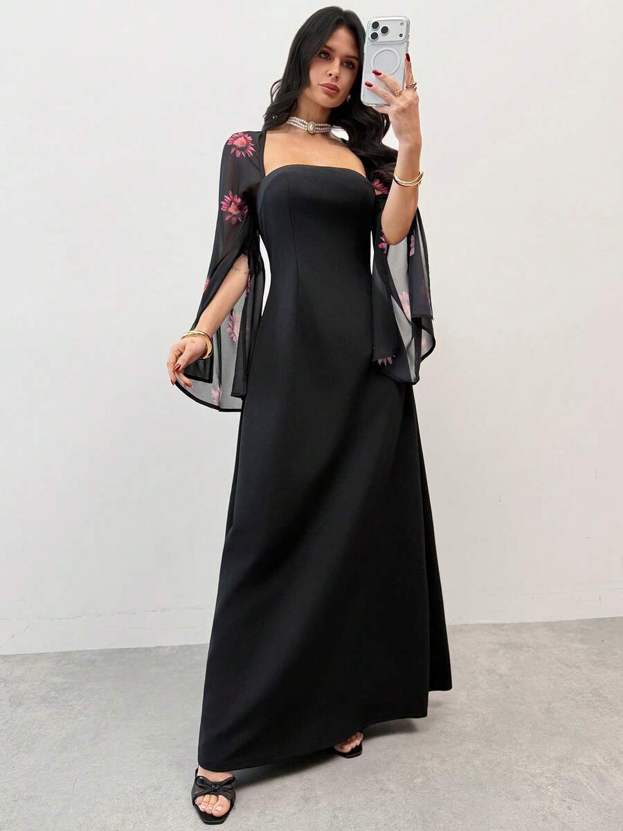 SHEIN Firerie فستان أسود بطبعة زهرية وياقة مربعة بأكمام منشقة