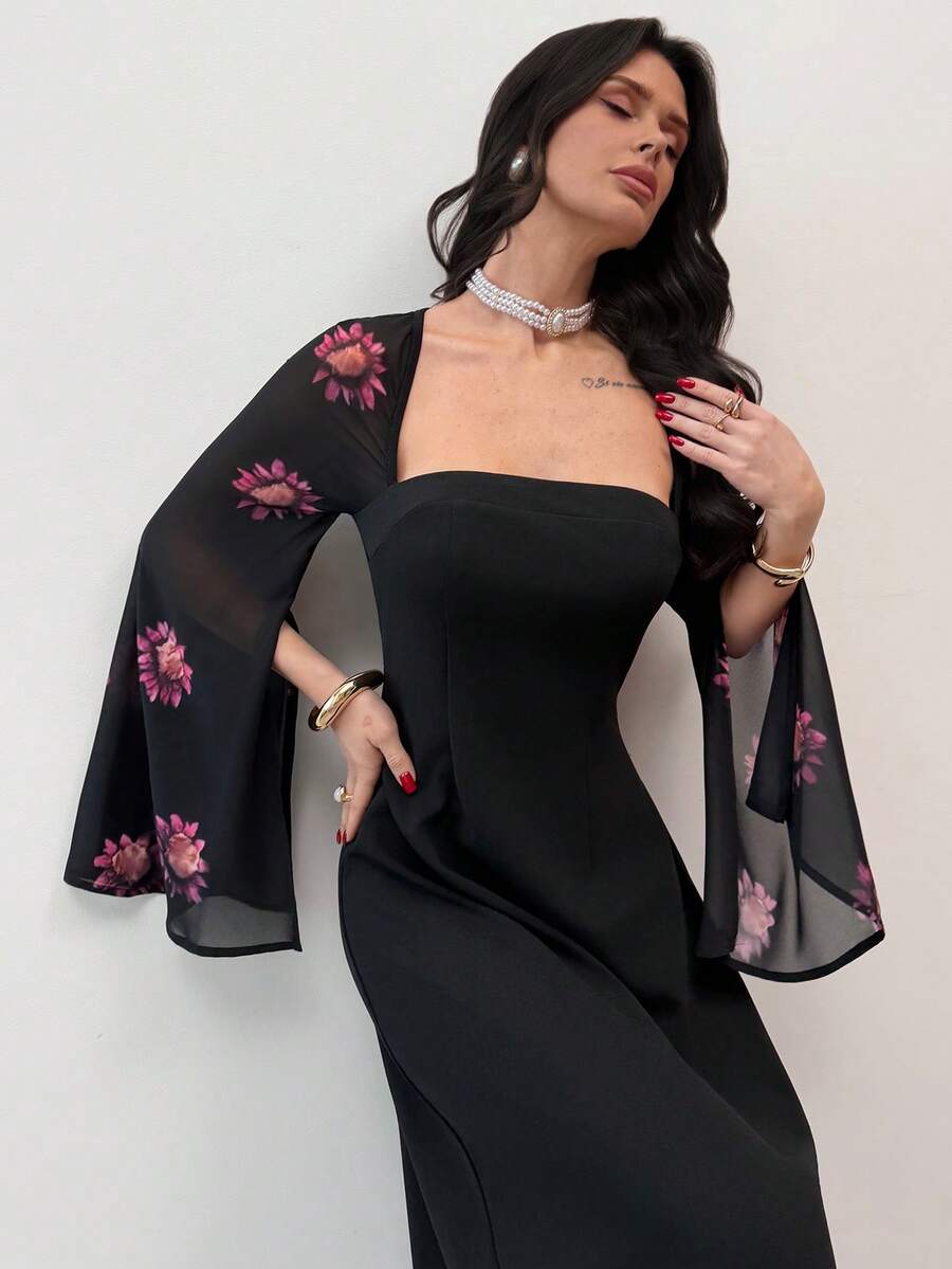 SHEIN Firerie فستان أسود بطبعة زهرية وياقة مربعة بأكمام منشقة