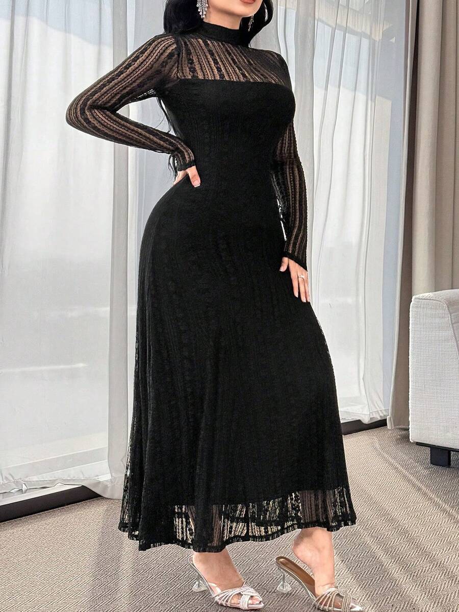 SHEIN Feyla فستان أسود دانتيل سادة أنيق للمقاسات كبيرة