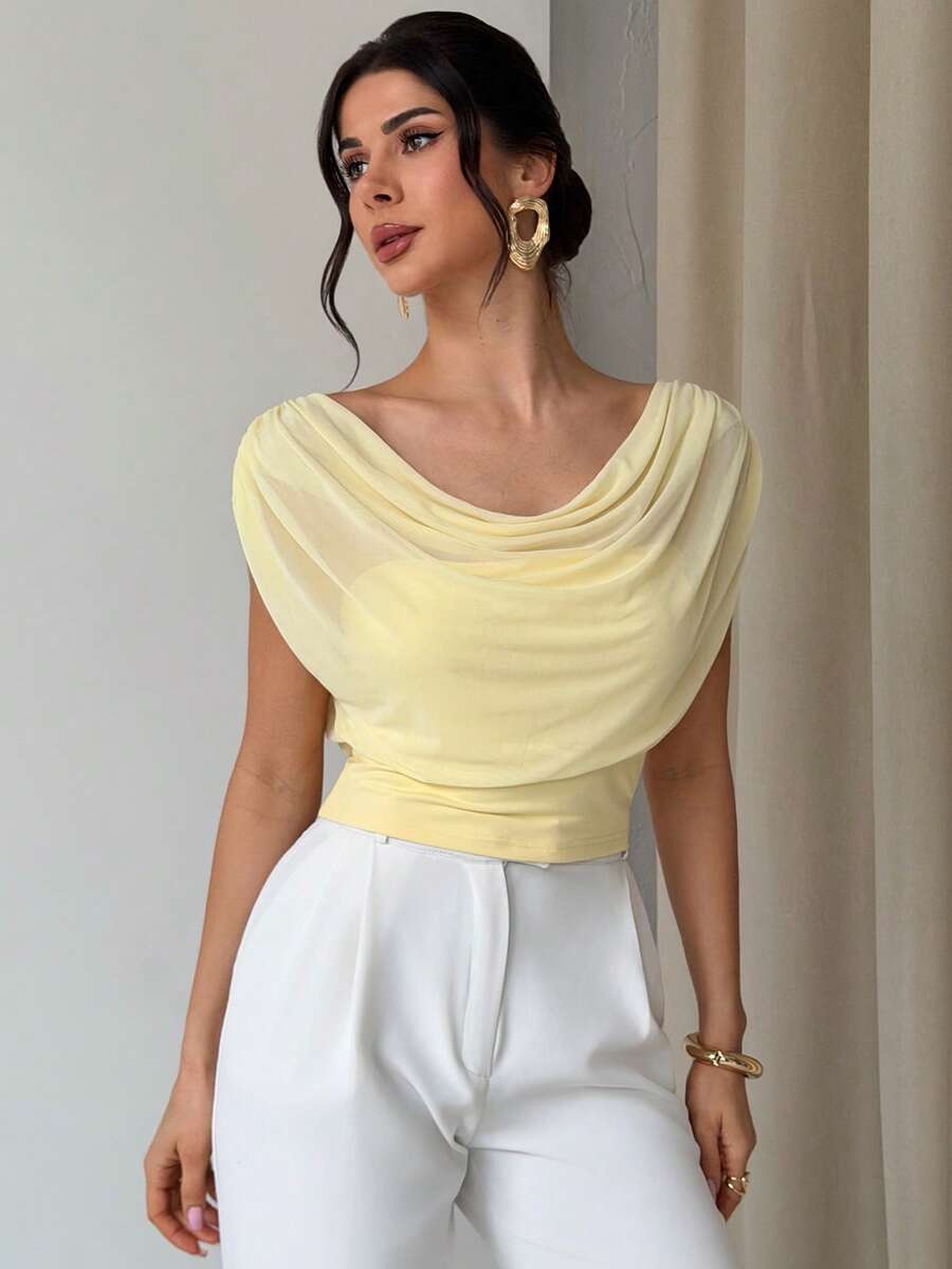 SHEIN Firerie تي شيرت بياقة شبك مكشكشة وقصة ضيقة بلون أصفر