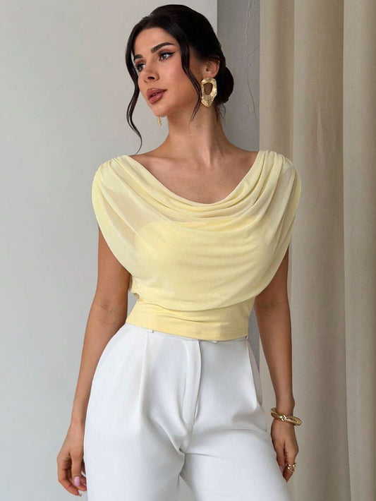 SHEIN Firerie تي شيرت بياقة شبك مكشكشة وقصة ضيقة بلون أصفر