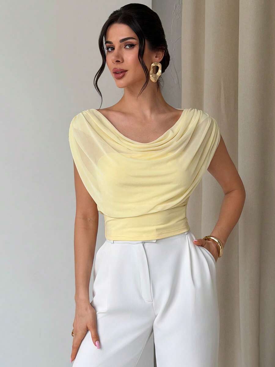 SHEIN Firerie تي شيرت بياقة شبك مكشكشة وقصة ضيقة بلون أصفر