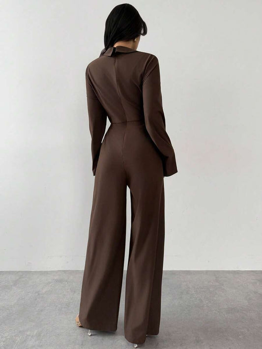 SHEIN Firerie جمبسوت بأكمام طويلة ورقبة منسدلة وخصر محدد وساق واسعة