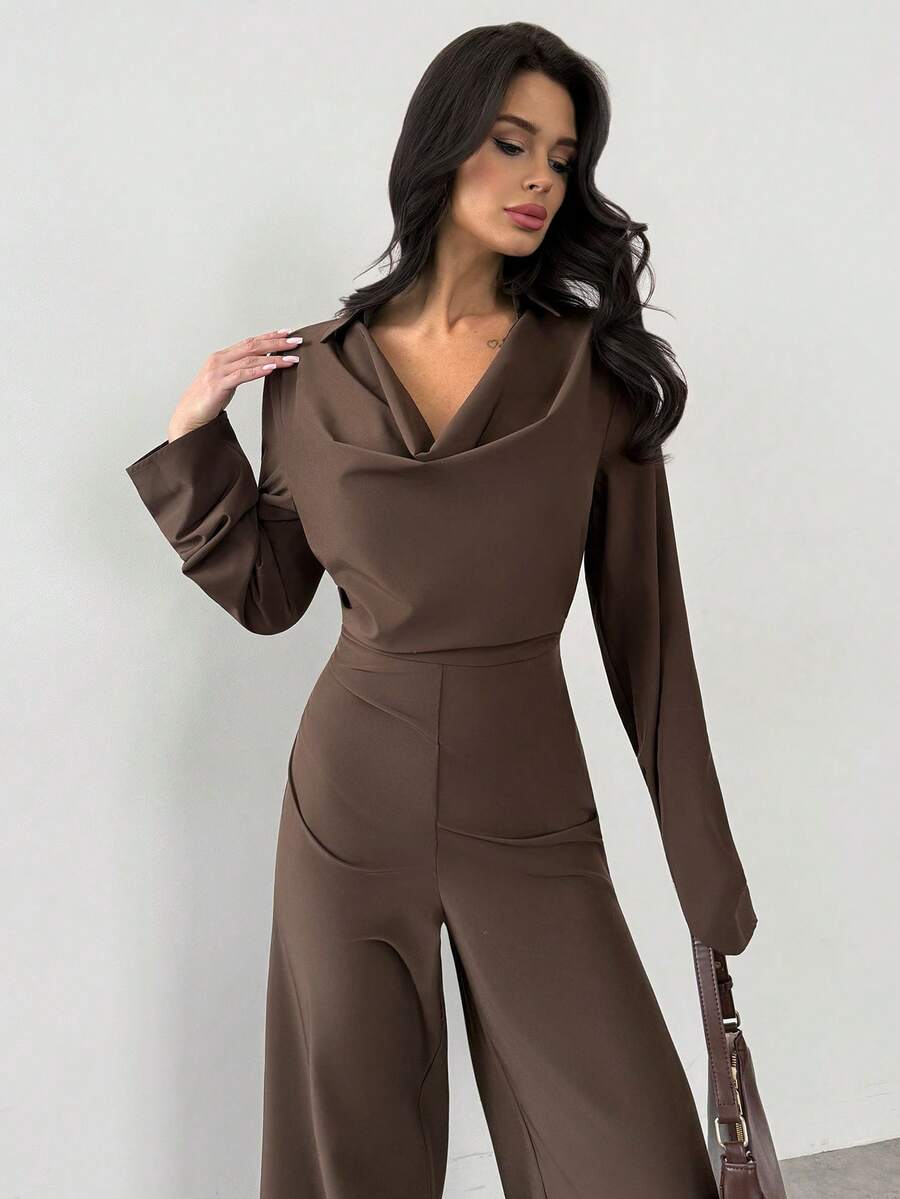 SHEIN Firerie جمبسوت بأكمام طويلة ورقبة منسدلة وخصر محدد وساق واسعة