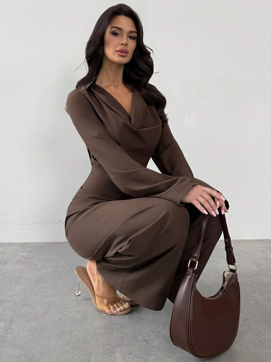 SHEIN Firerie جمبسوت بأكمام طويلة ورقبة منسدلة وخصر محدد وساق واسعة