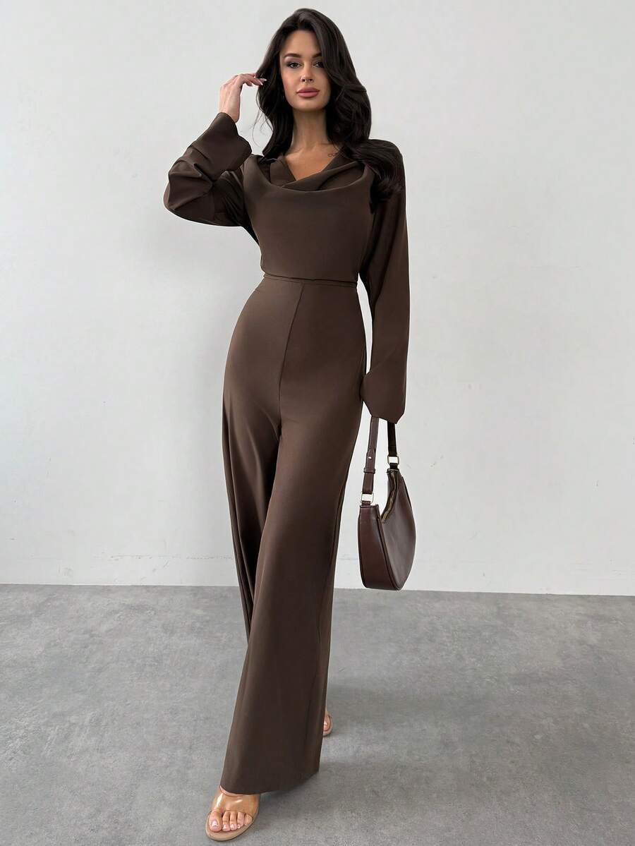 SHEIN Firerie جمبسوت بأكمام طويلة ورقبة منسدلة وخصر محدد وساق واسعة