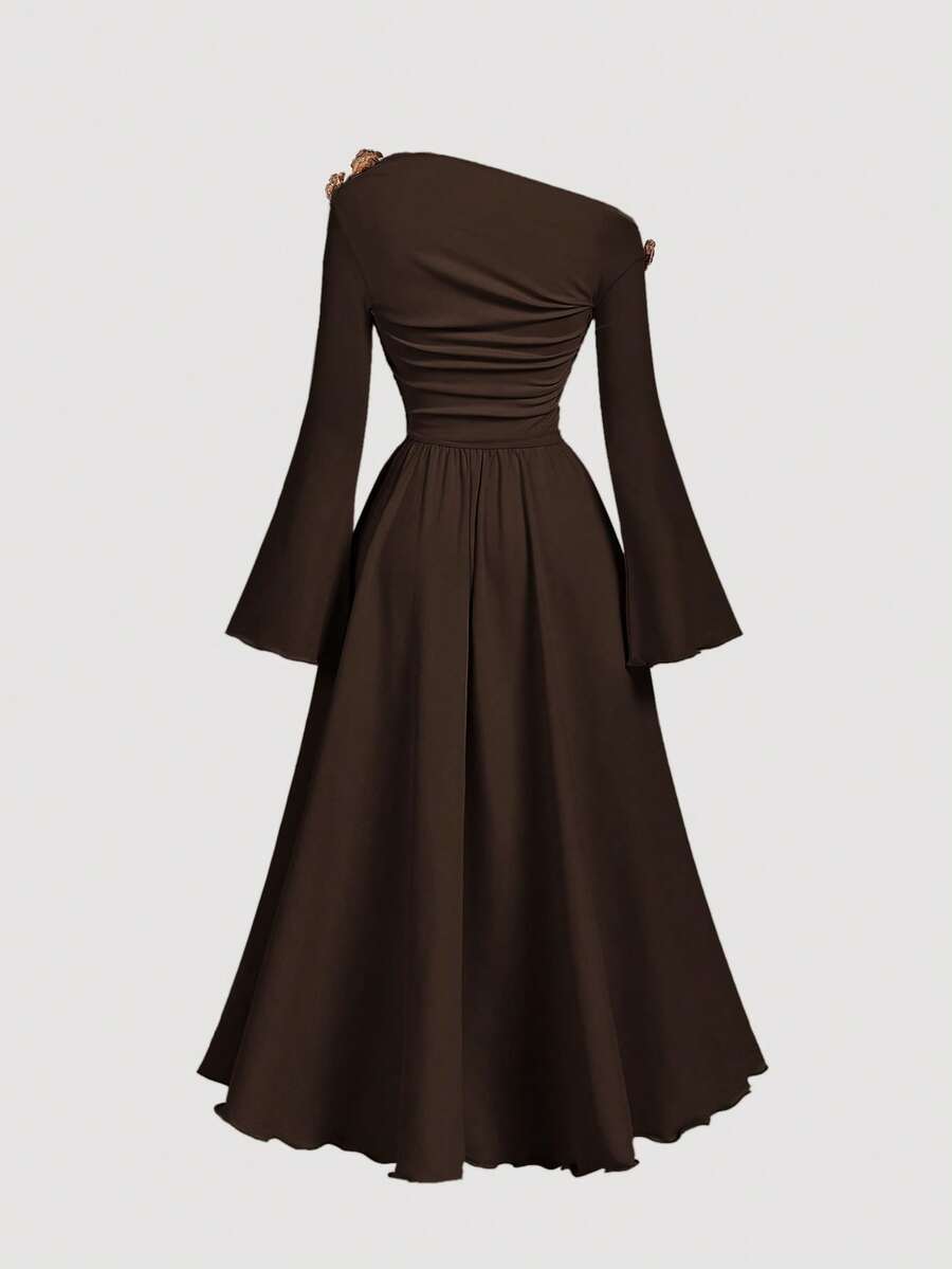SHEIN MOD فستان ميدي بني بكتف واحد وتصميم غير متماثل أنيق