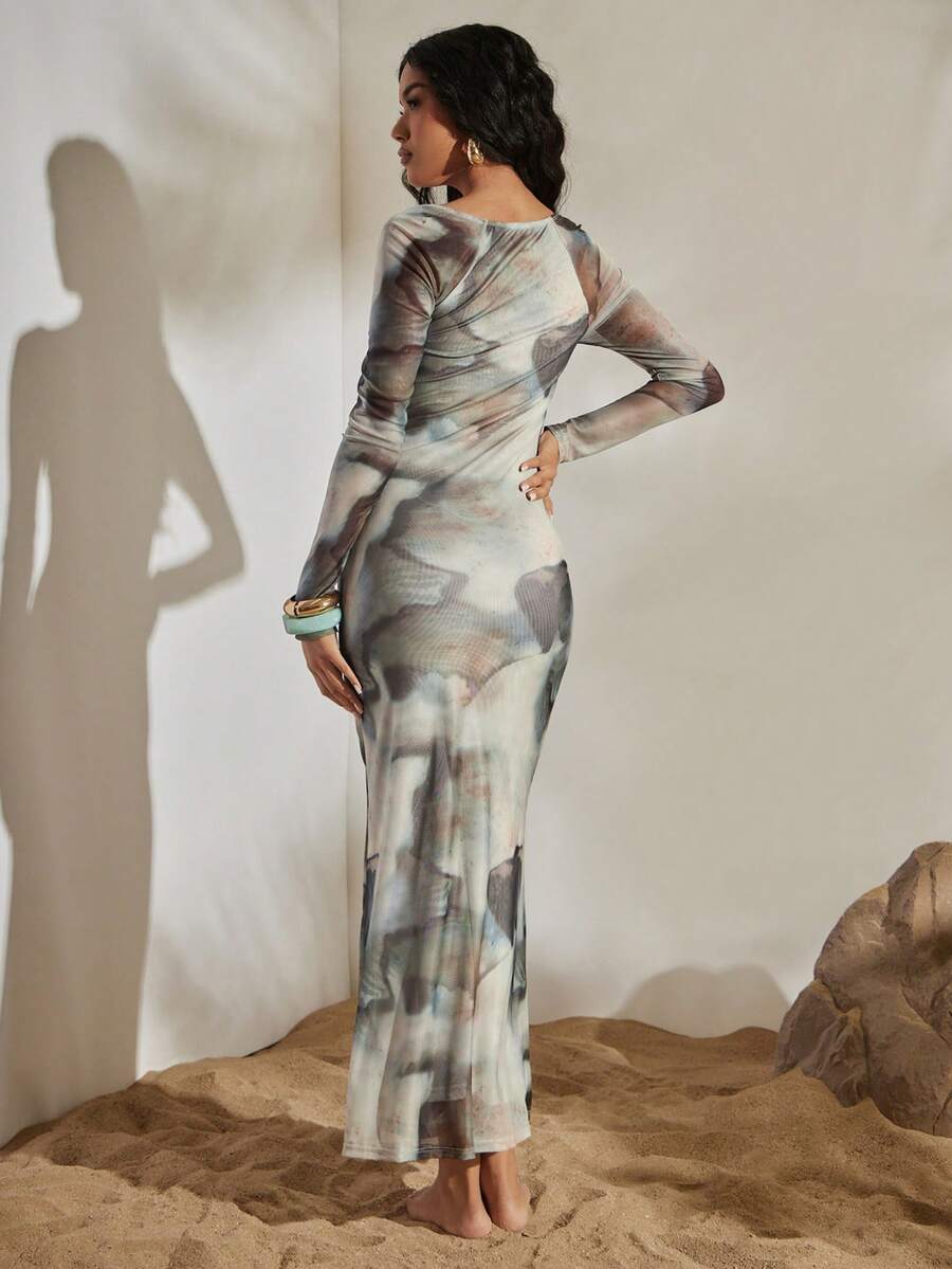 SHEIN Opulessa فستان شبكي مطبوع بأكمام طويلة بقصة ضيقة