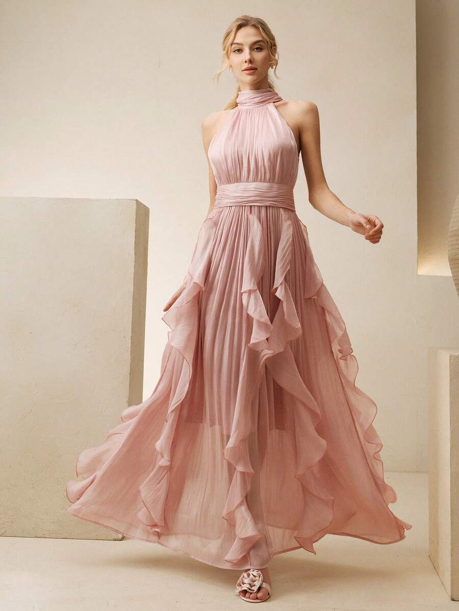 SHEIN Anewsta فستان وردي طويل بدون أكمام بياقة عالية وخصر مطوي