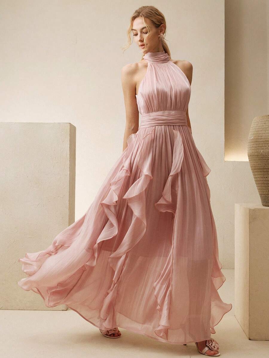 SHEIN Anewsta فستان وردي طويل بدون أكمام بياقة عالية وخصر مطوي