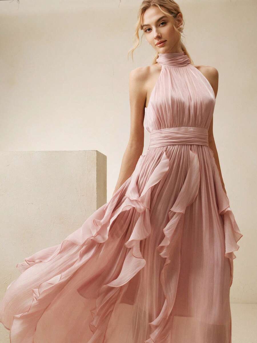 SHEIN Anewsta فستان وردي طويل بدون أكمام بياقة عالية وخصر مطوي