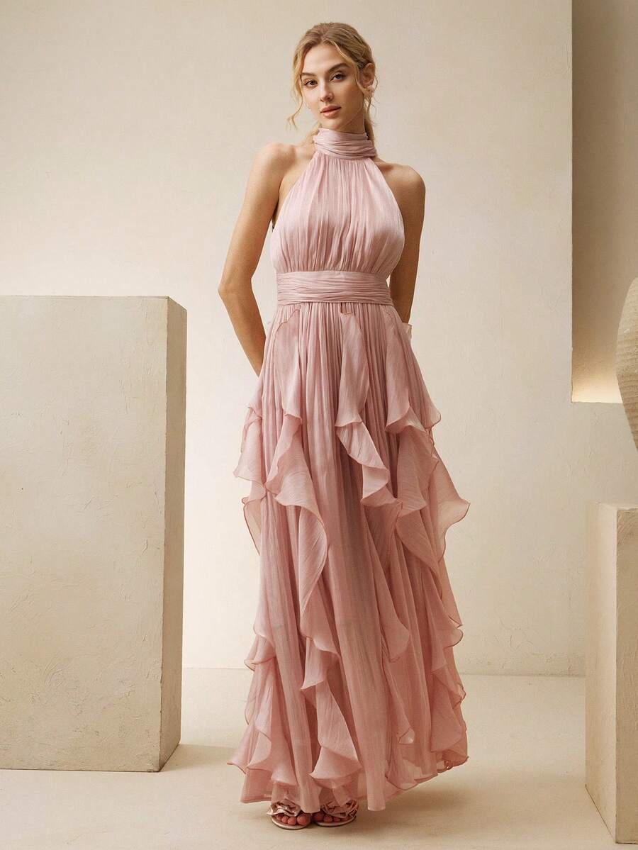 SHEIN Anewsta فستان وردي طويل بدون أكمام بياقة عالية وخصر مطوي