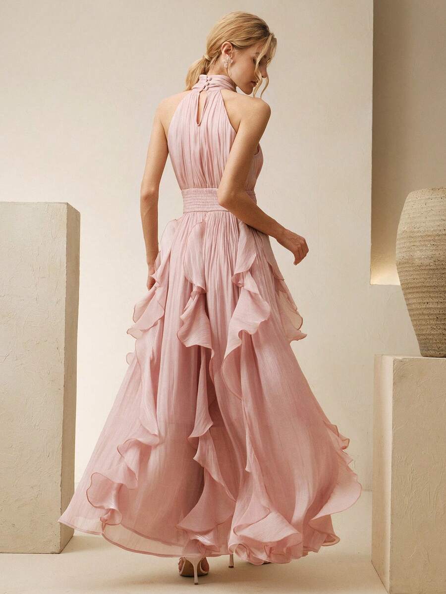 SHEIN Anewsta فستان وردي طويل بدون أكمام بياقة عالية وخصر مطوي