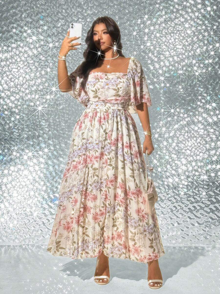 SHEIN Viva Relle فستان للمقاسات الكبيرة بطبعة زهور أنيقة بظهر مكشوف